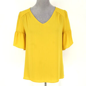 Loft Top Womens Small Yellow Gold Blouse Chiffon Front Knit Back Bell Sleeve New